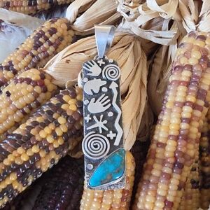 Native American Navajo Large Turquoise Petroglyph Pendant By Alex Sanchez 💙🎁🩶